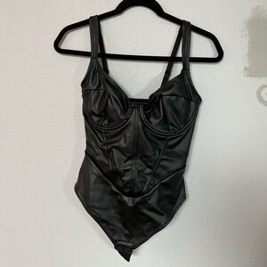 Sleek Black Leather Thong Bodysuit